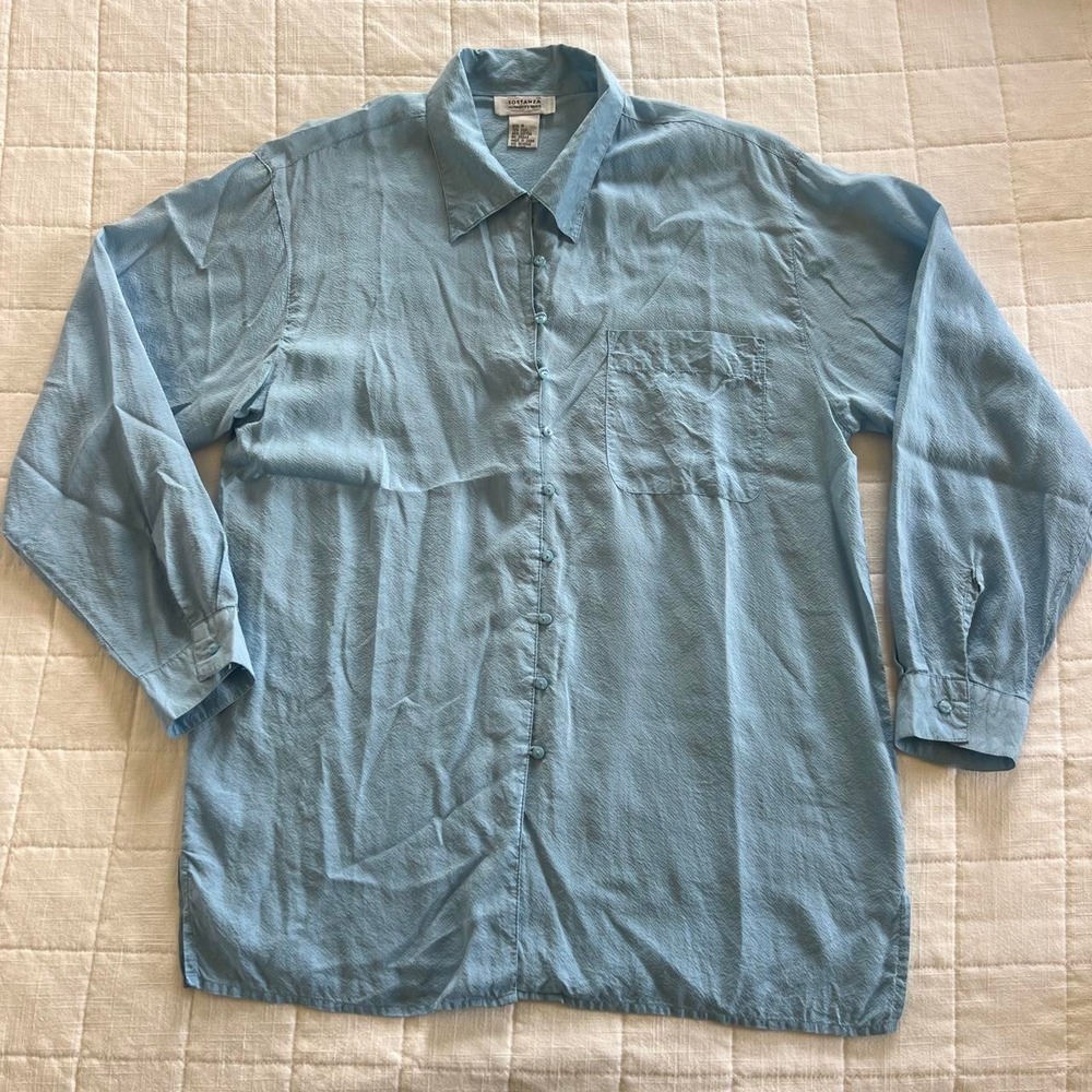 Sostanza Button Down Shirt Womens M Blue Silk Cotton Blend Textured Minimalist